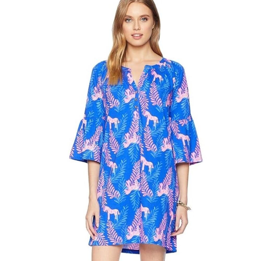 Lilly Pulitzer Pima Cotton Teigen Blue and Pink Zebra Print Smocked Neck Dress